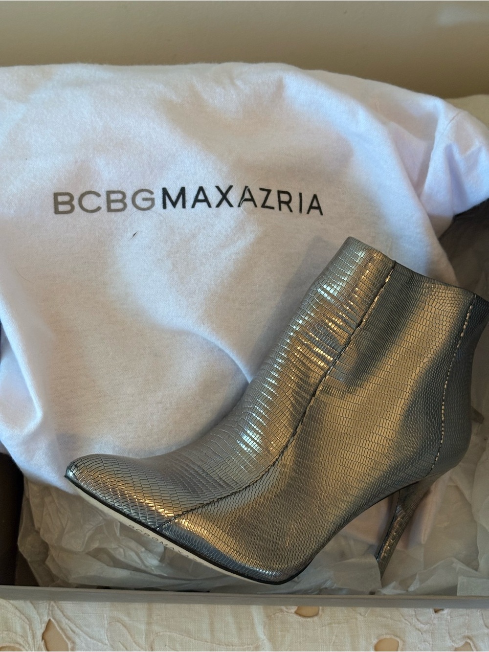 BCBGMaxAzria Metallic Silver Pointed Toe Ankle Booties